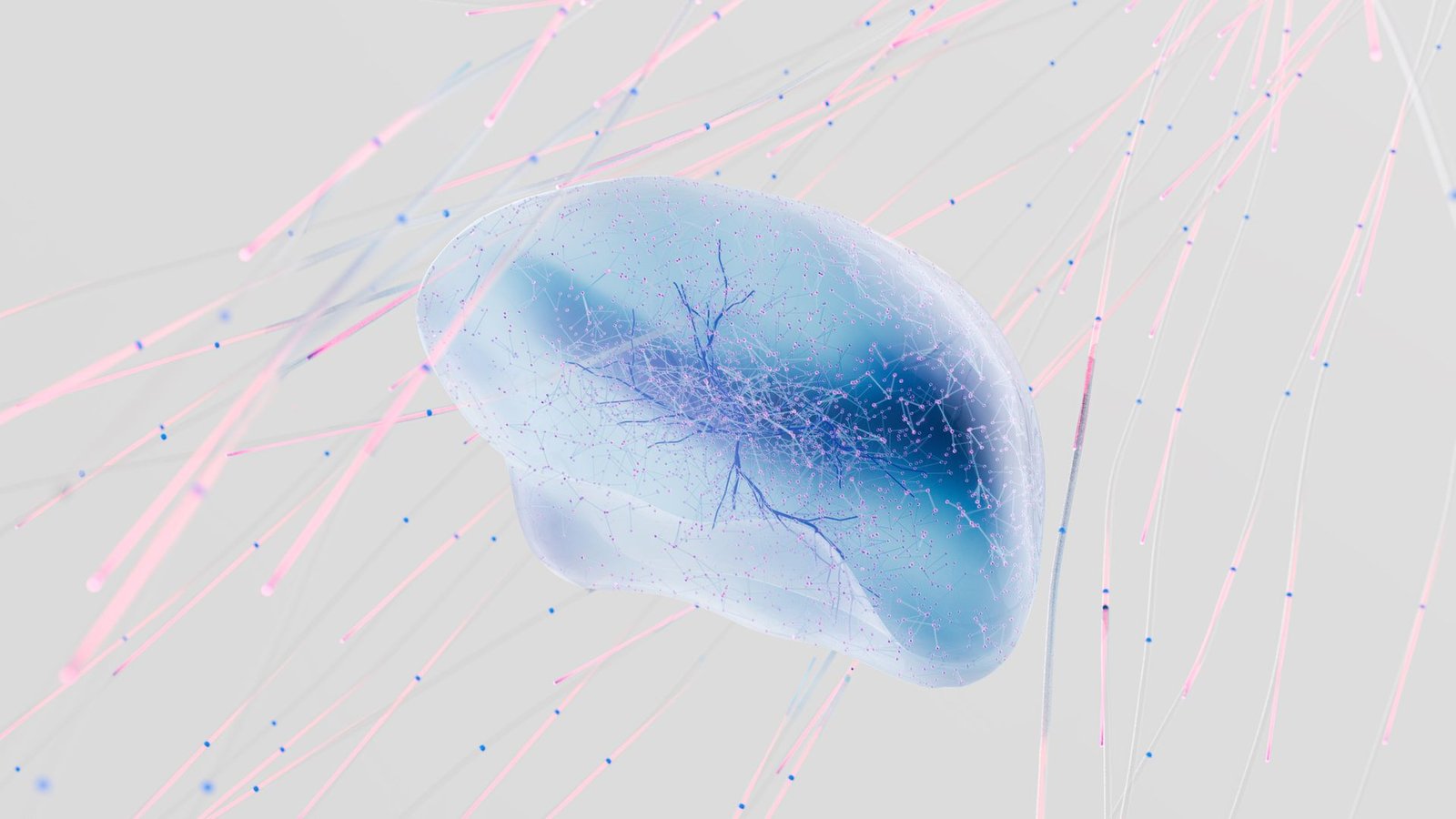 3D rendering of a neural network with glowing neuron connections inspired by the human brain.