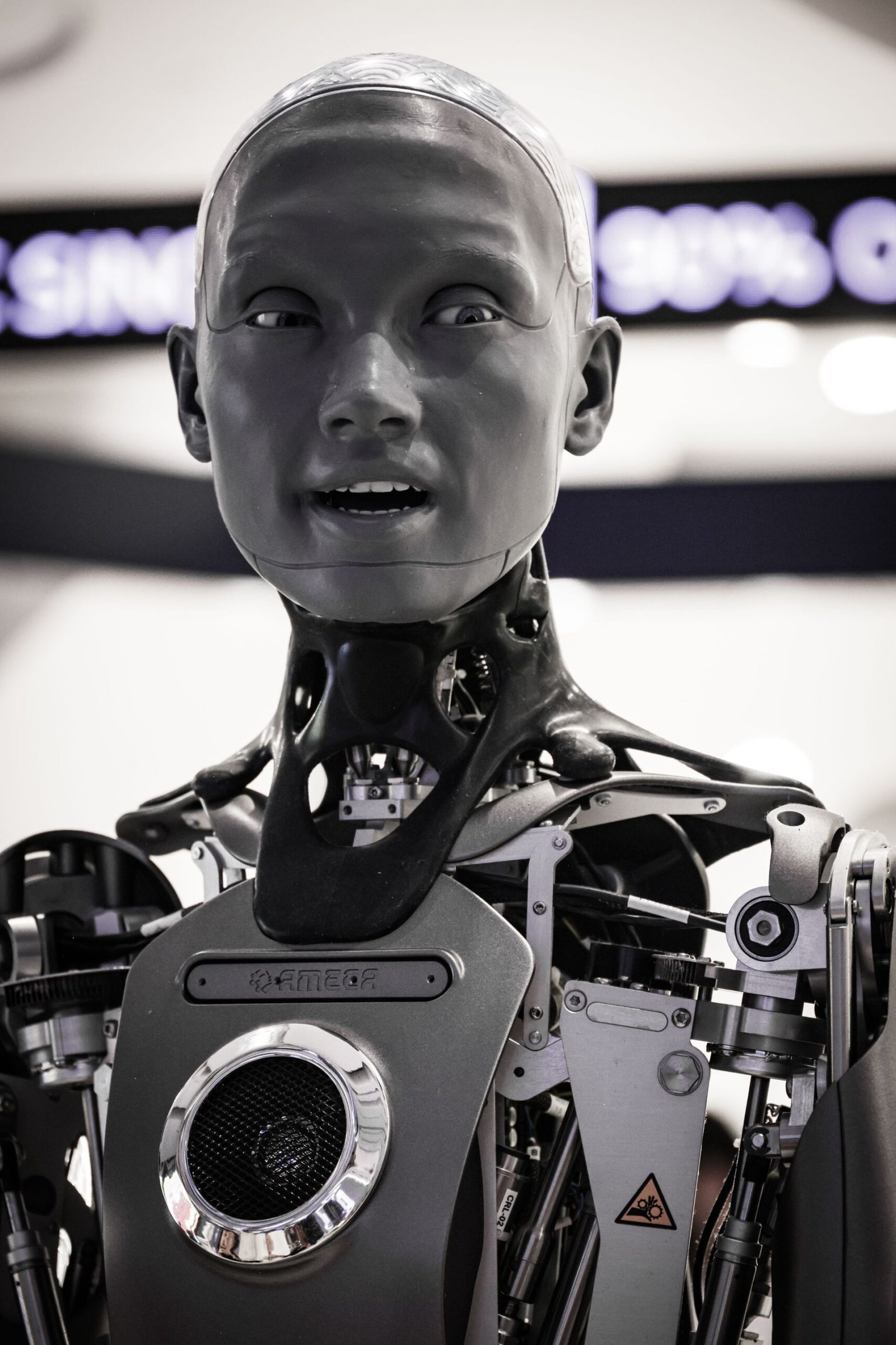 Close-up of a humanoid robot on display at a technology exhibition.