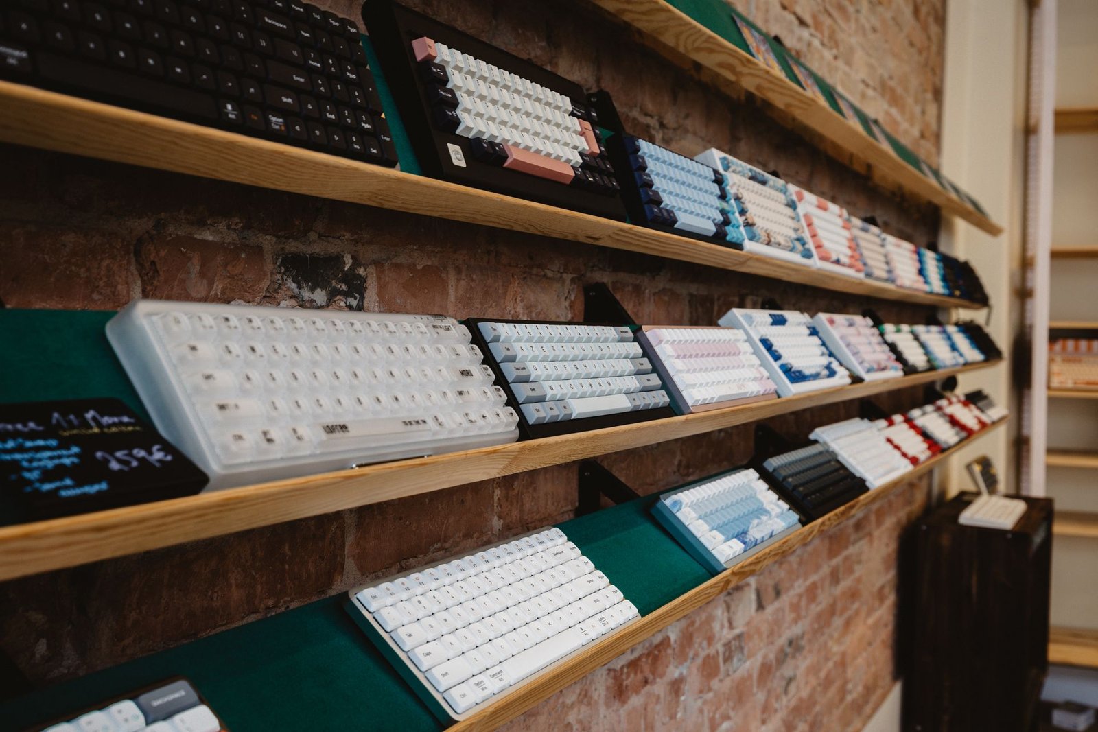 Several mechanical keyboards arranged on a display shelf.