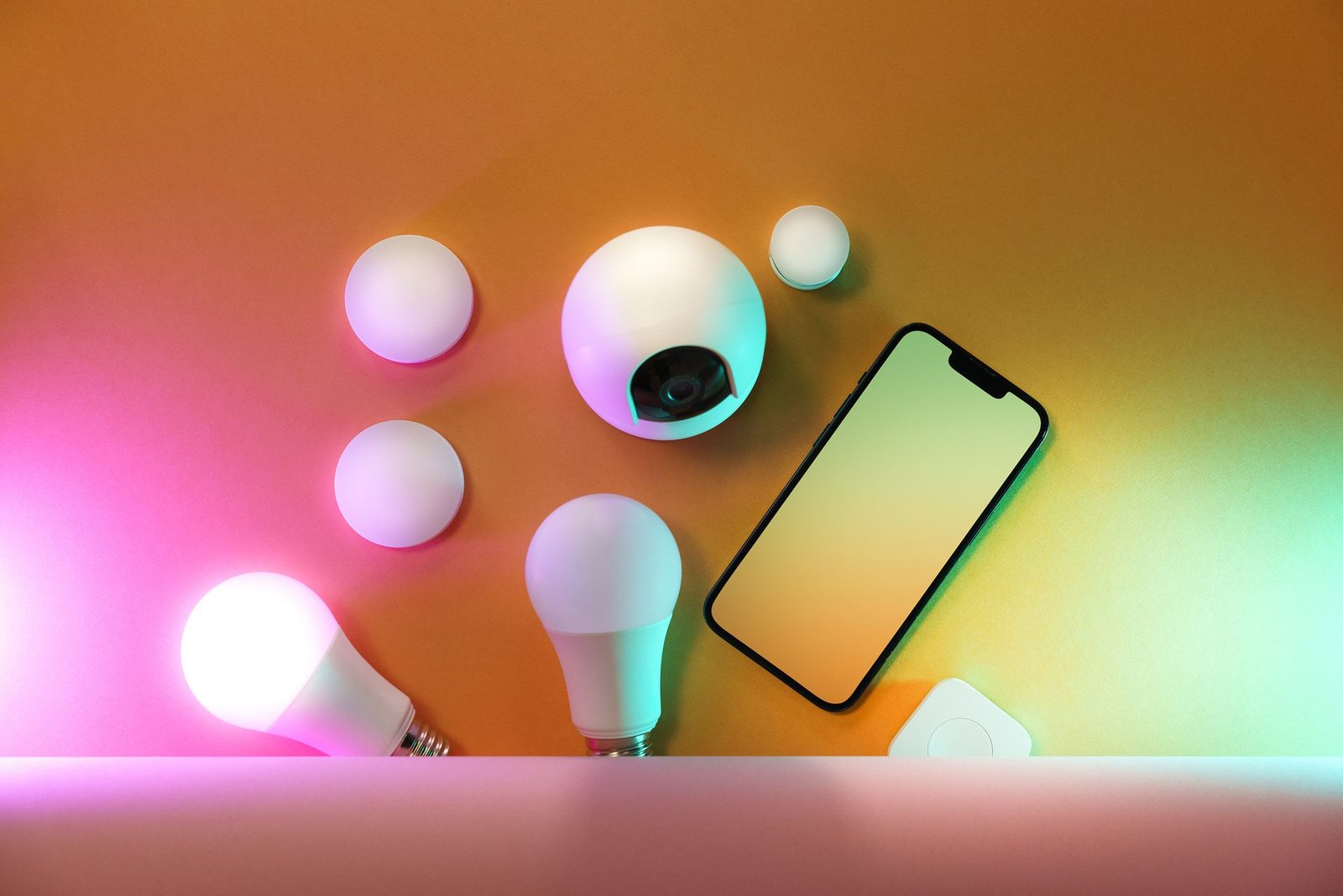 A hand holding a smartphone controlling smart home devices in an app.