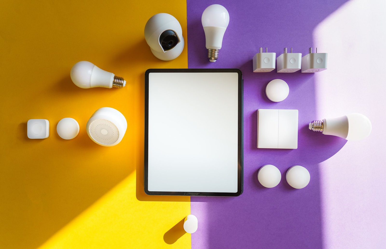 Smart light bulbs glowing warmly in a modern living room.
