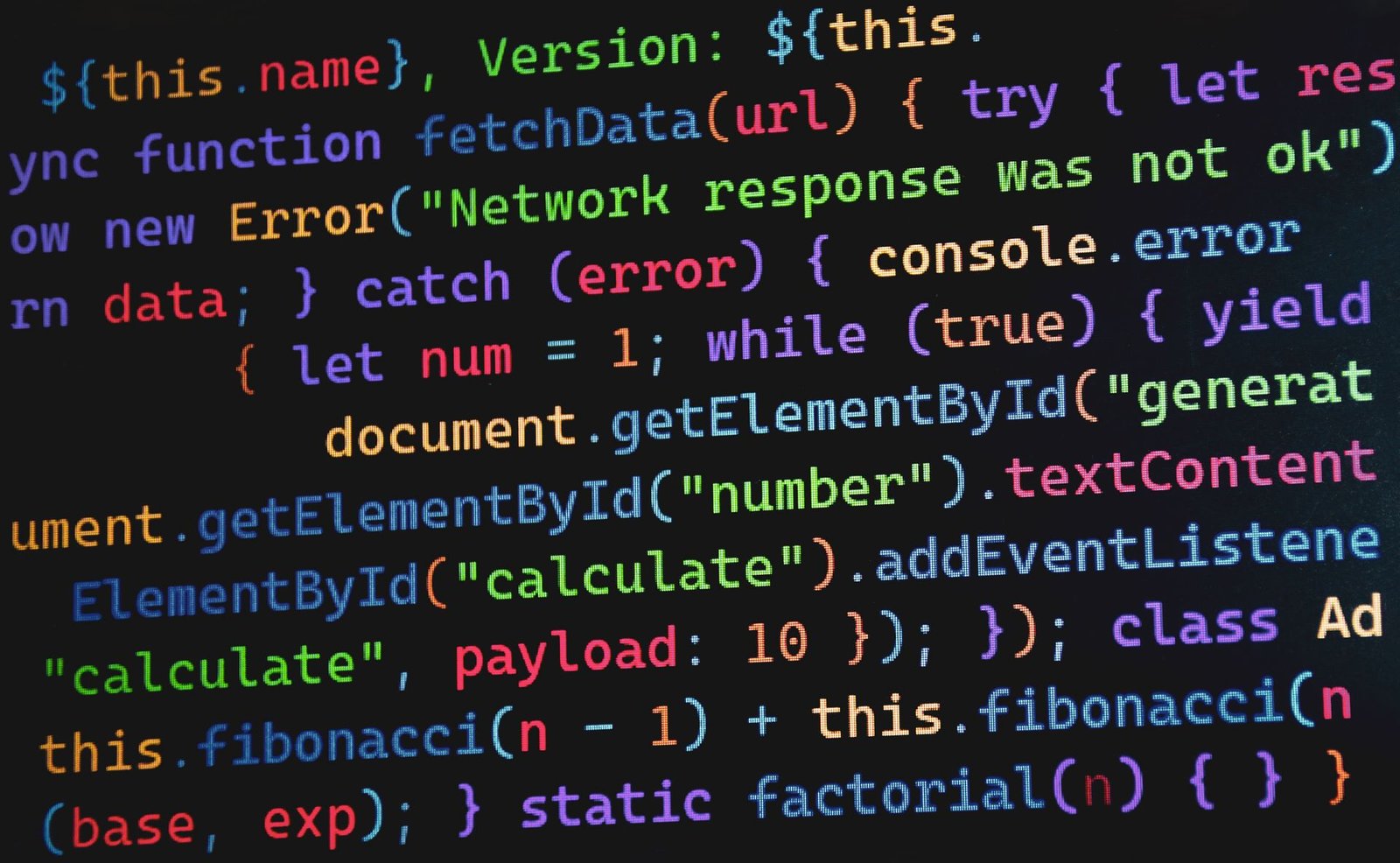 Vibrant JavaScript code displayed on a screen highlighting programming concepts.