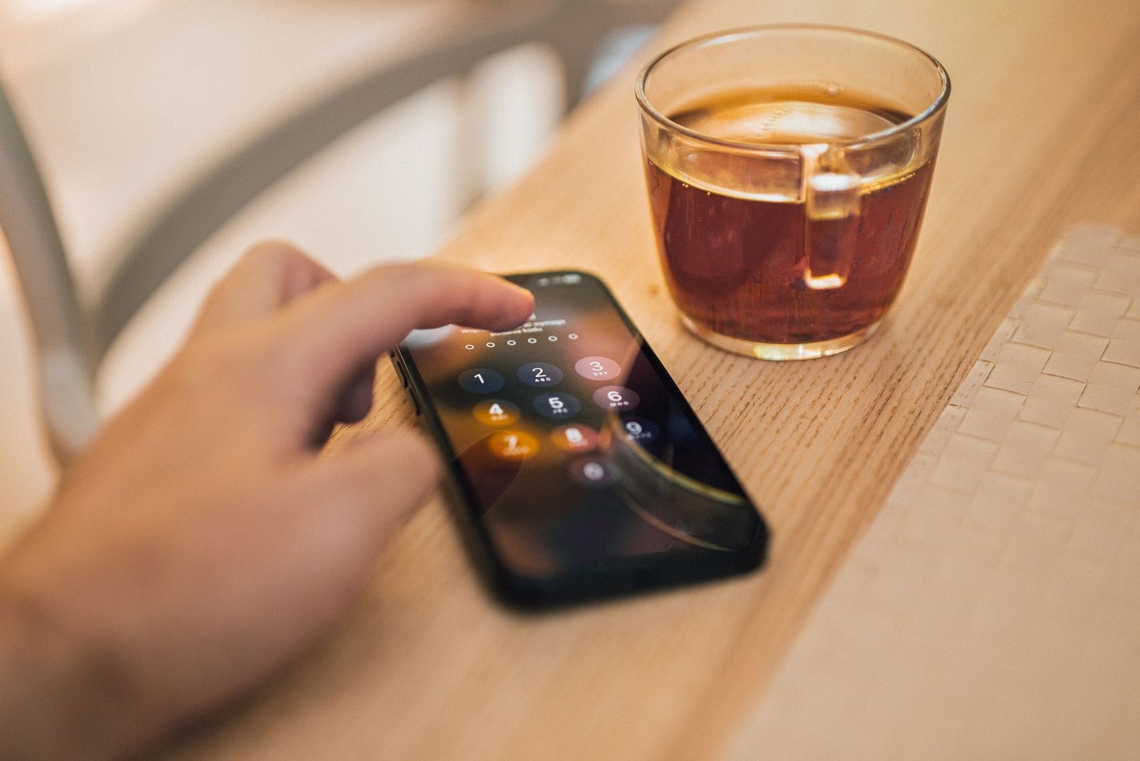Hand unlocking a smartphone next to a cup of tea on a wooden table.