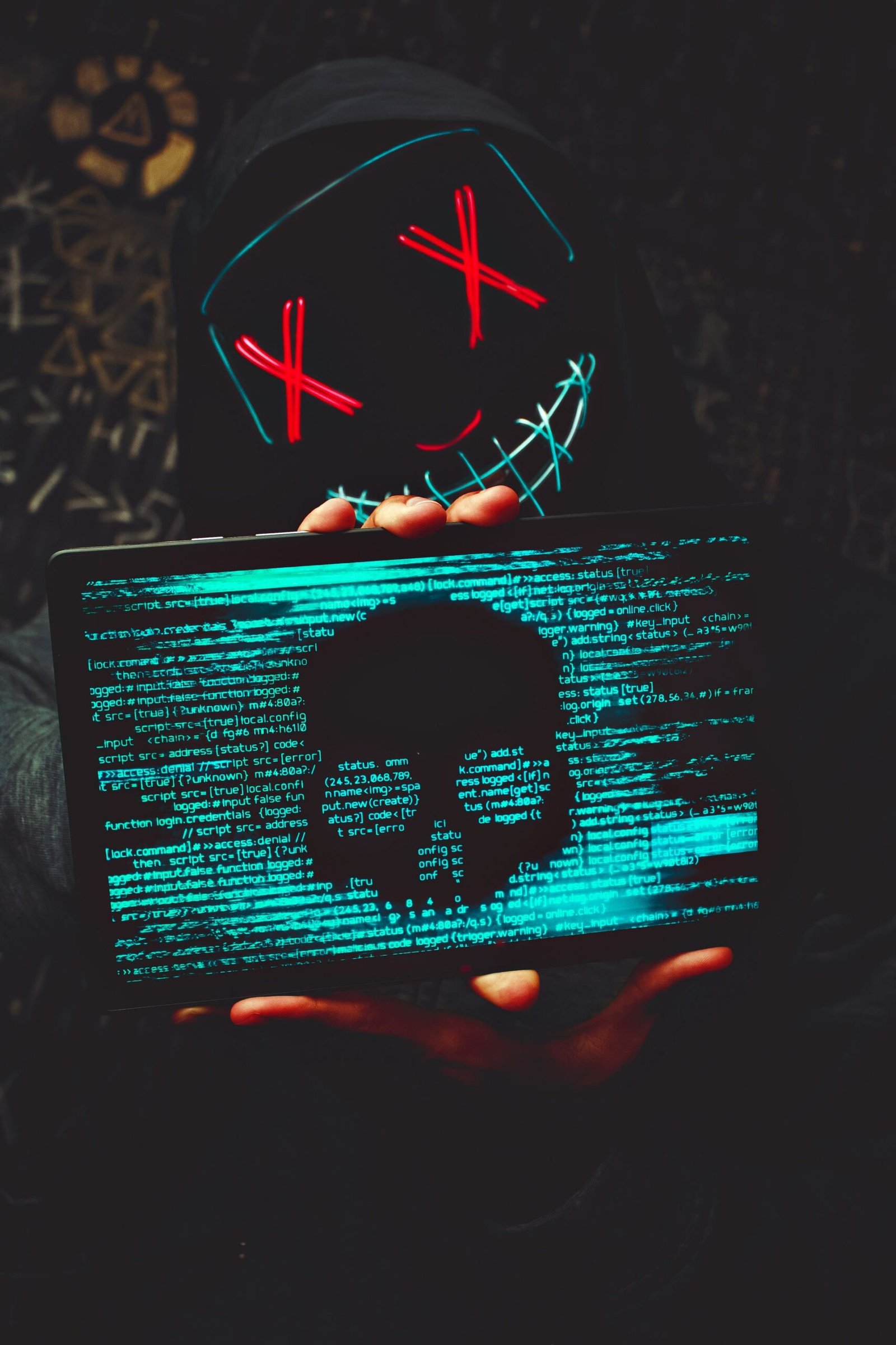 Person in a neon mask holding a tablet showing a digital skull.