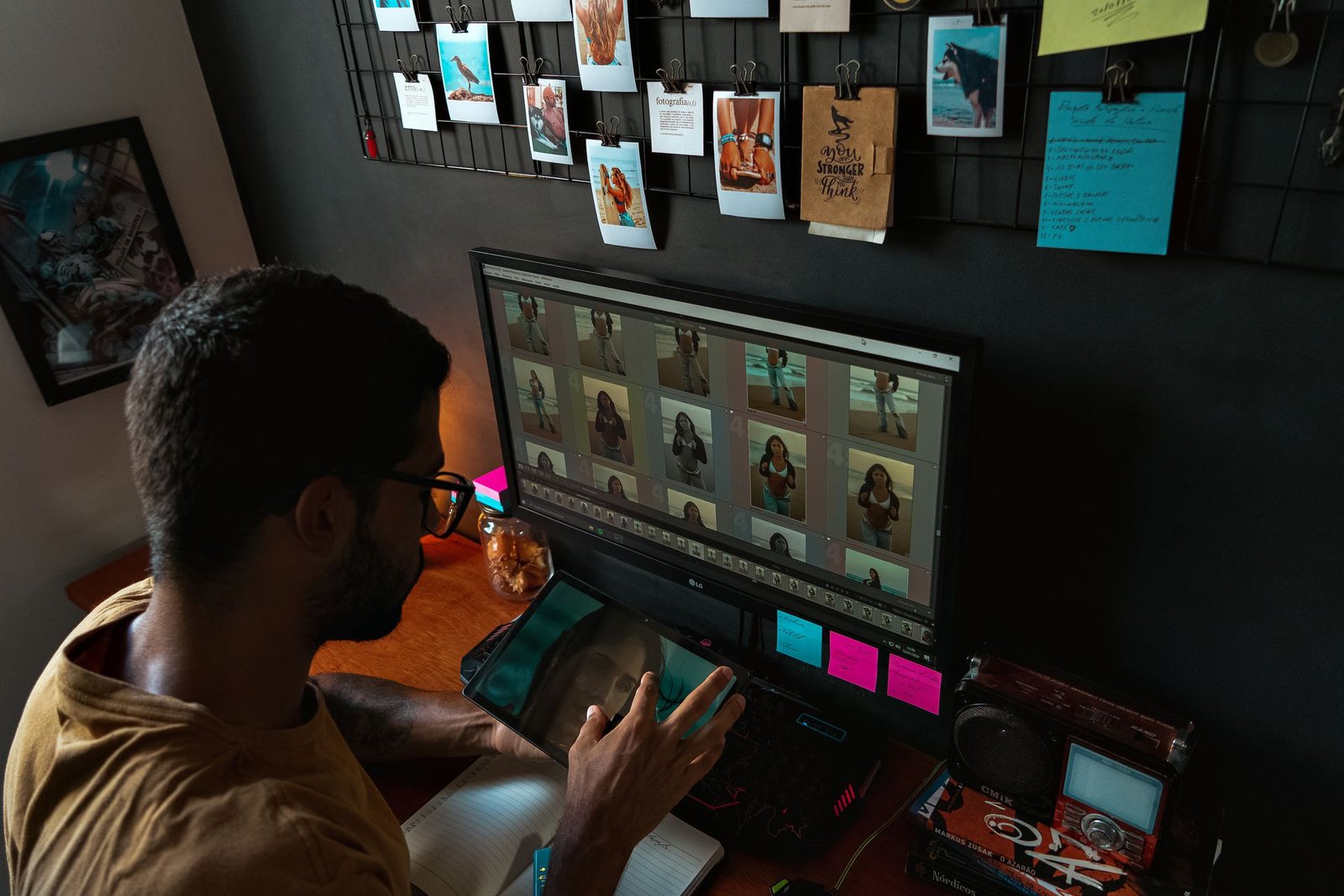 A young man editing photographs on a computer in a home office.