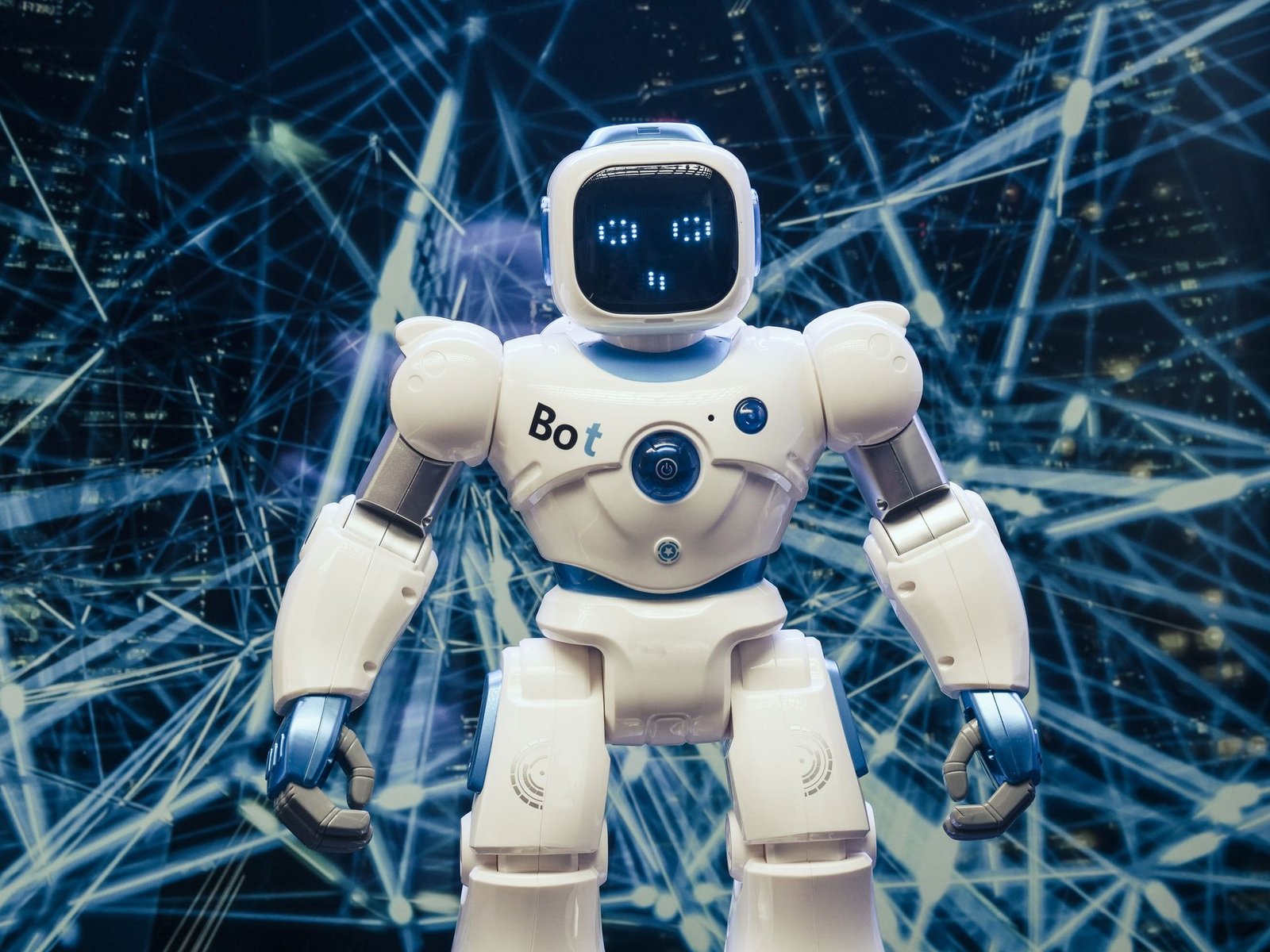 A small robot figure surrounded by digital holographic elements, symbolizing AI-generated content.