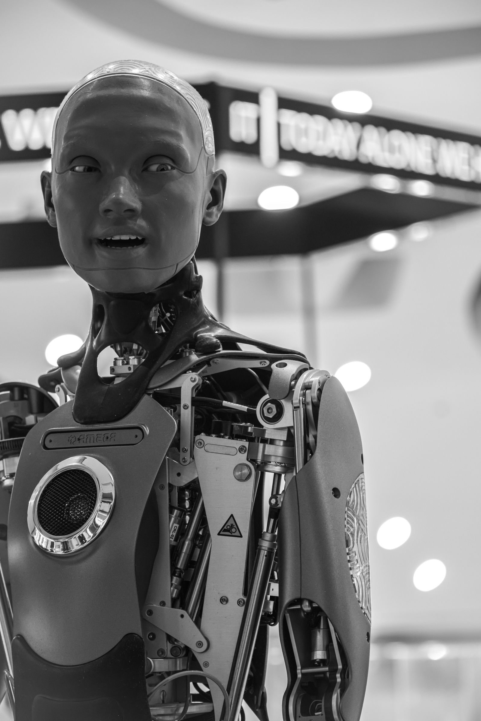 Close-up of a futuristic humanoid robot with visible mechanical parts.
